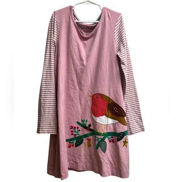 Mini Boden Long Sleeve Pink Striped Bird Tree Patchwork Appliqué Dress SZ 9-10Y - Picture 1 of 4